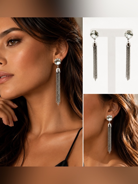 Jewelry - Crystal Waterfall Fringe Tassel Earrings Silver Green Tone Rhinestone Statement